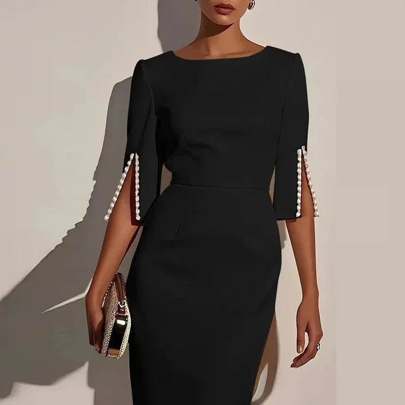Elegant Women Fashion O-neck Solid Color Commuter Dress Hight Waist Slimming Long Dresses Beaded Split Half Sleeves Party Dress - AIAZ