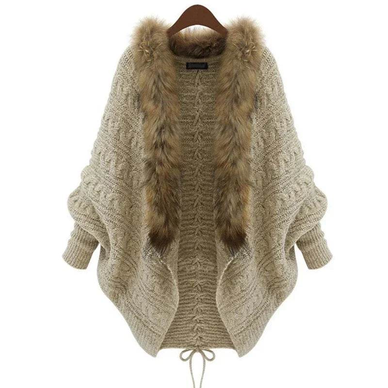 Women Cardigan Sweater Thick Poncho Capes Autumn Winter Femme knitted Bat Sleeve Fur Collar Wool Sweater Knitted Long Cardigan - AIAZ