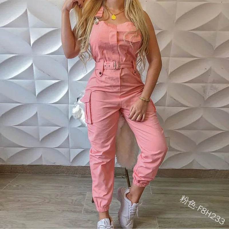 2025 Women's Casual Jumpsuits Cargo Playsuit Sleeveless O Neck Jumpsuit With Pocket and Belt Elegant Pencil Pants Loose Overalls - AIAZ