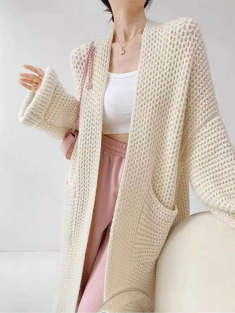 Korean Cardigan Sweater for Women Autumn Winter Loose Lazy Style Female Midi Knit Coats Fashion V Neck Casual Big Pocket Jumpers - AIAZ