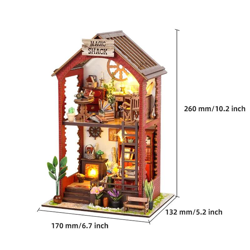 DIY Book Nook Shelf Insert Kit 3D Wooden Puzzle Doll House Assembly Building Model Bookends With Furniture LED Light Xmas Gifts - AIAZ