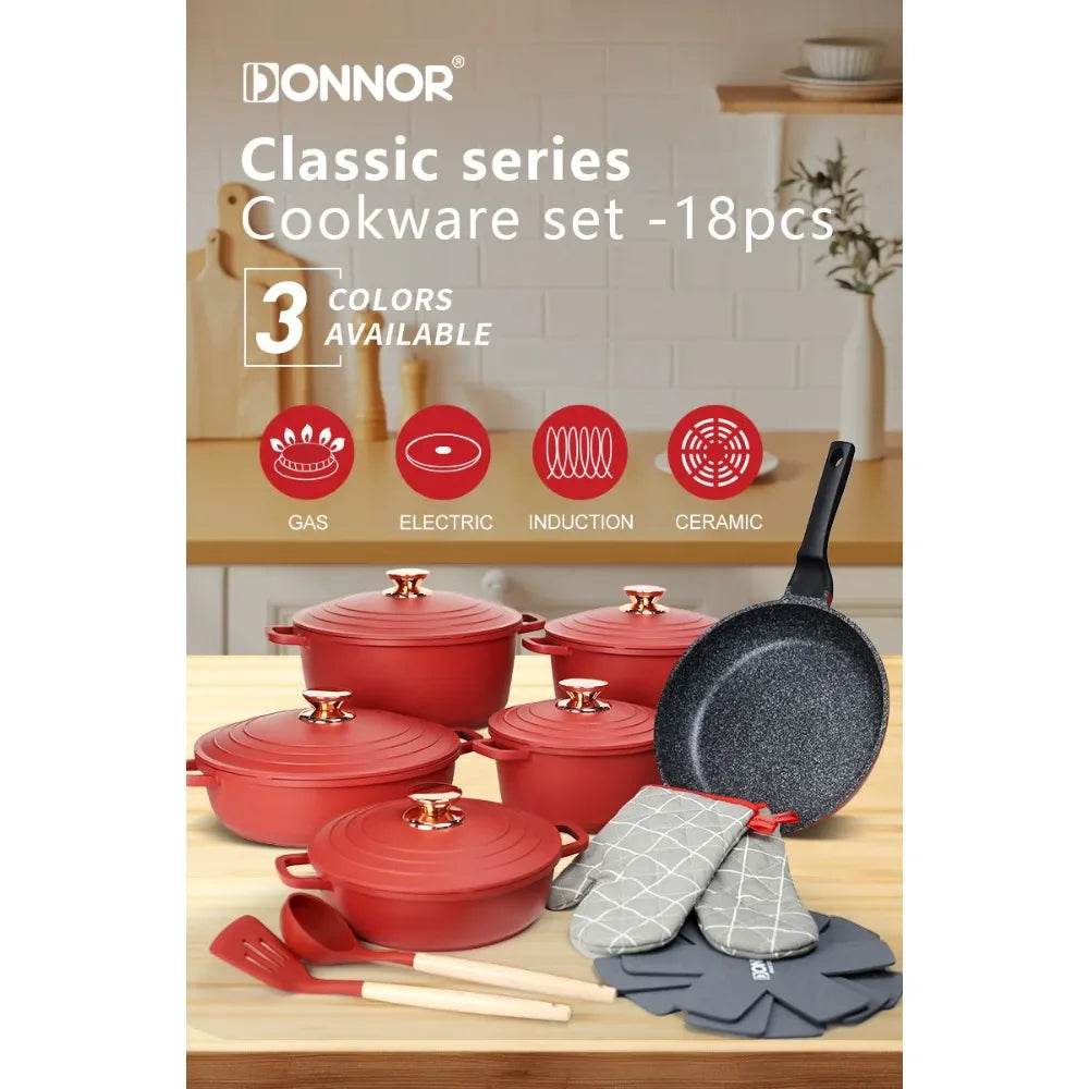 DONNOR Best Ceramic Non-Stick Frying Pan Cookware 18 Piece Set Scratch-Resistant Reusable with Lid and Spatula Dishwasher-Safe - AIAZ
