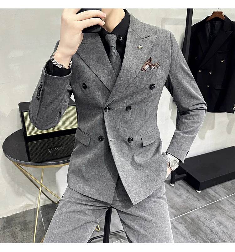 Jackets + Pants / Groom's Wedding Dress Best Fashion Mans Double -breasted Suit Blazer Trousers Male Formal Business Office Suit - AIAZ