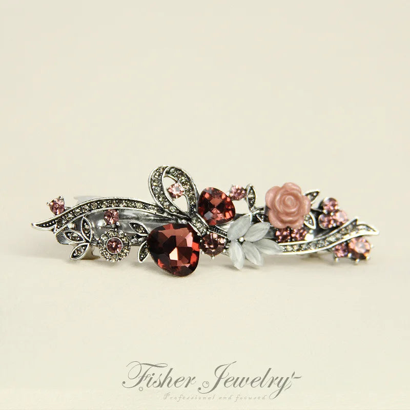 Red Crystal Flower Bow Spring Hairpin Vintage Ink Blue Rhinestone Horizontal Clip Top Clip Elegant Mom Fashion Hairpin Korean