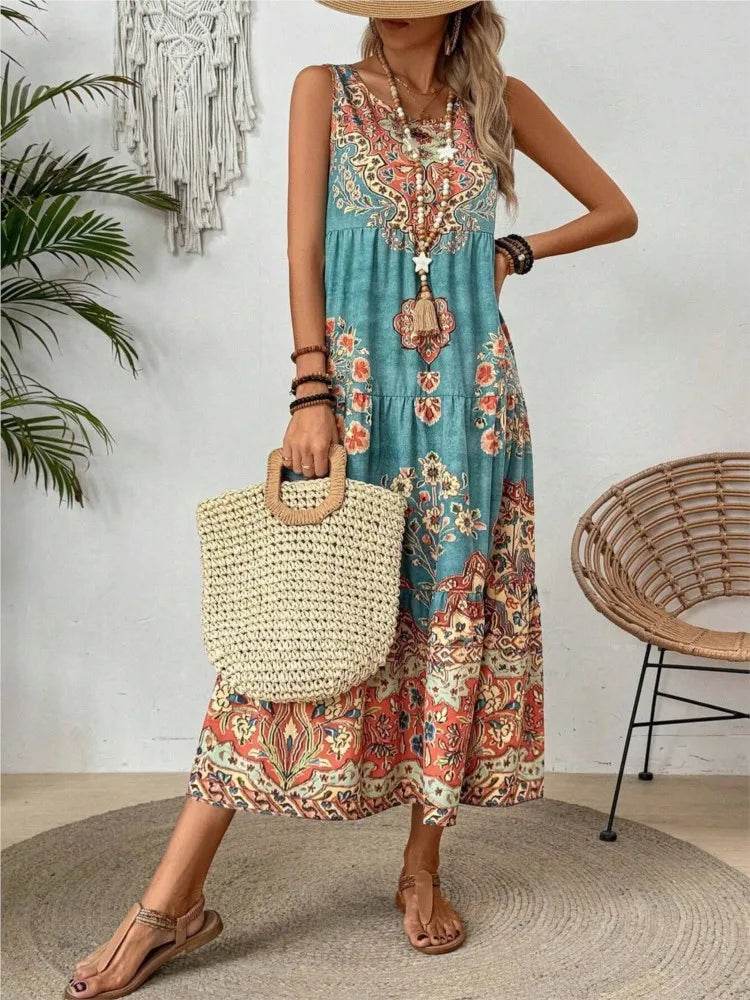 Women Vintage Print Sleeveless O-neck Vest Long Dresses 2025 Summer Fashion New Beach Vacation A-line Dress Woman Loose Dress - AIAZ