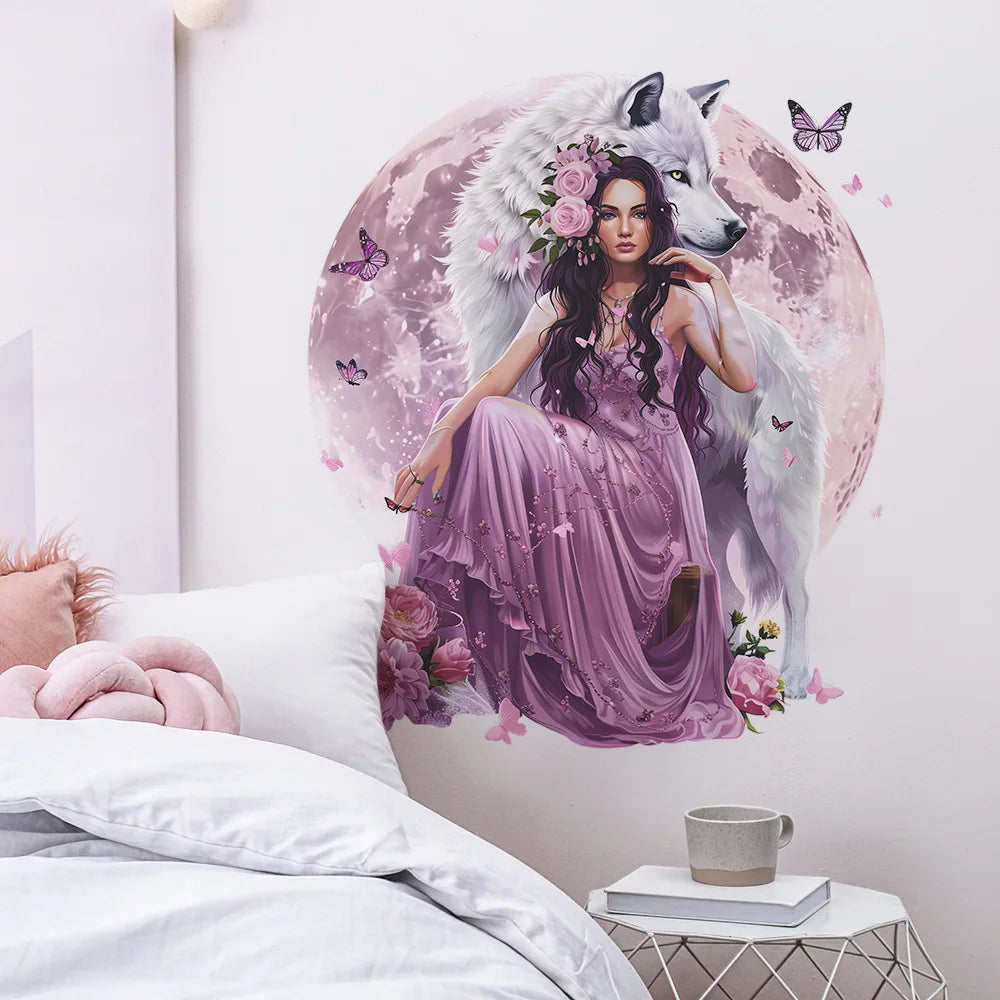 Purple Wolf Girl Vinyl Wall Decal For Kids Room Decoration Room Decor Bedroom Accessories Wall Art Home Decoration Wall Decor