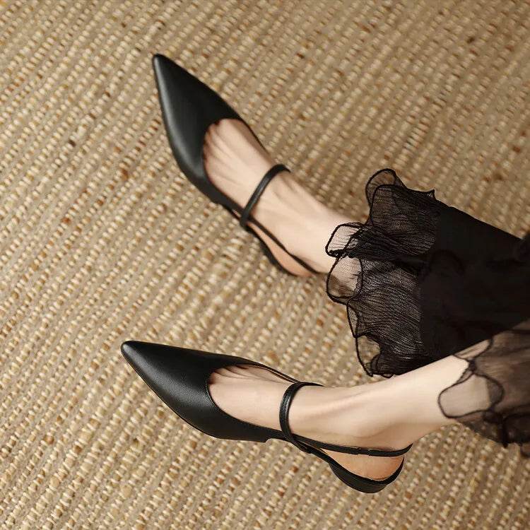 Summer Sandals Sheep Leather Women Shoes Pointed Toe Low Heel Women Pumps Genuine Leather Cover Toe Sandals for Women Handmade - AIAZ