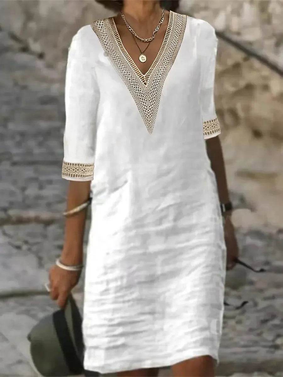Women Cotton Linen Dress 2025 Summer Sexy V-neck White Dress Elegant Luxury Casual Solid Color Mid-Sleeve Female Y2k Streetwear - AIAZ