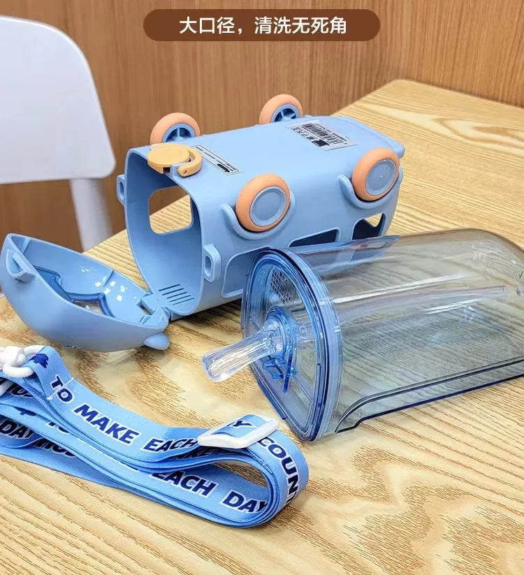 Baby Cute Panda Bus Portable Water Bottle with Shoulder Strap Kid Car Straw Water Cup Children's Water Bottle Drinking Cup