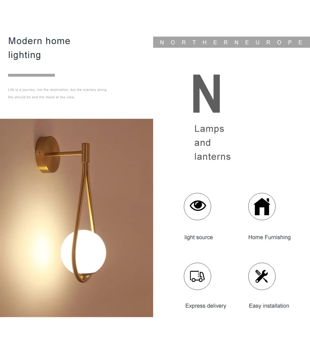 Modern LED Wall Lamps Metal Living Room Lamp Fashion Nordic Bedside Glass Wall Lamp Bedroom Decoration Lighting