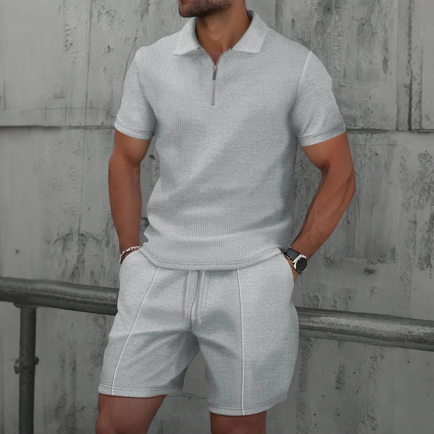 2025 Men Europe and the United States new summer Waffle solid color zip-up lapel short-sleeve suit shorts two sets - AIAZ