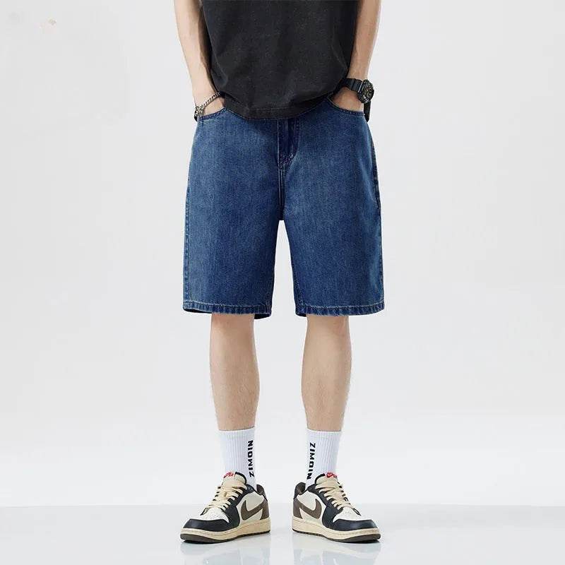 2025 Men's minimalist denim shorts with high-end washing technology from Europe and America, versatile basic five quarter pants - AIAZ