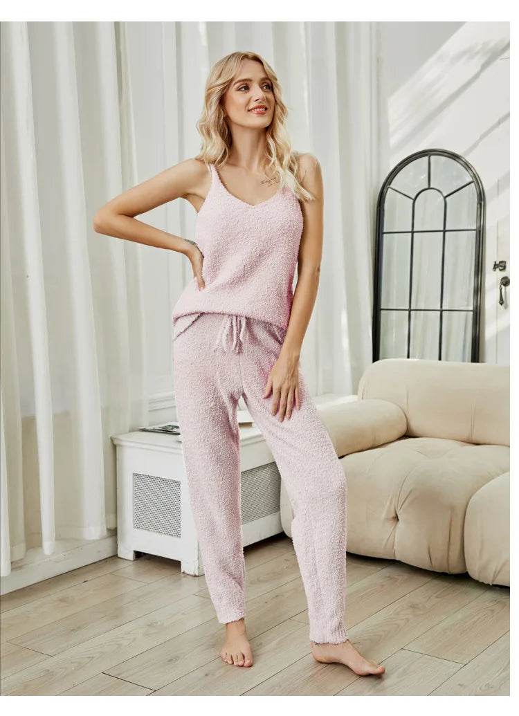 Pajamas for Women Pajama Sets Sexy Knitted Suspender Pajamas Autumn Winter Warm Solid Color Half-edge Velvet Suit Home Clothes - AIAZ