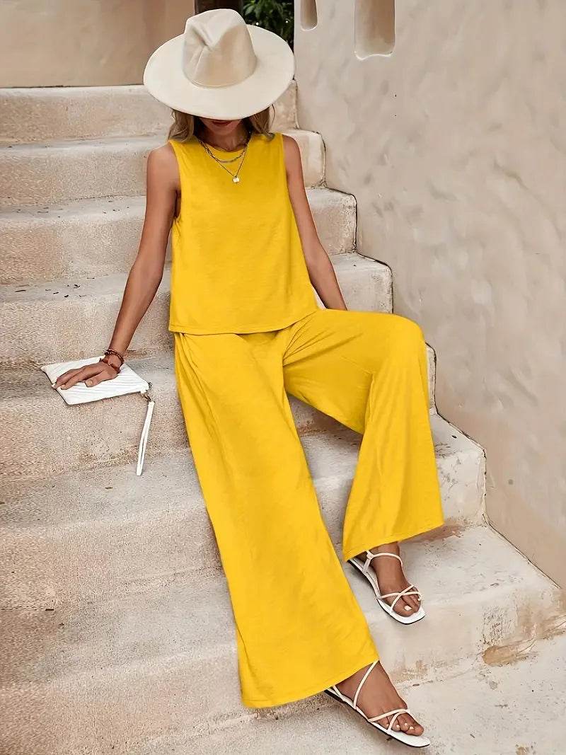 Women's Casual Set Solid Color Elegant Comfortable Round Neck Vest and Wide Leg Pants Two Piece Versatile Comfortable - AIAZ