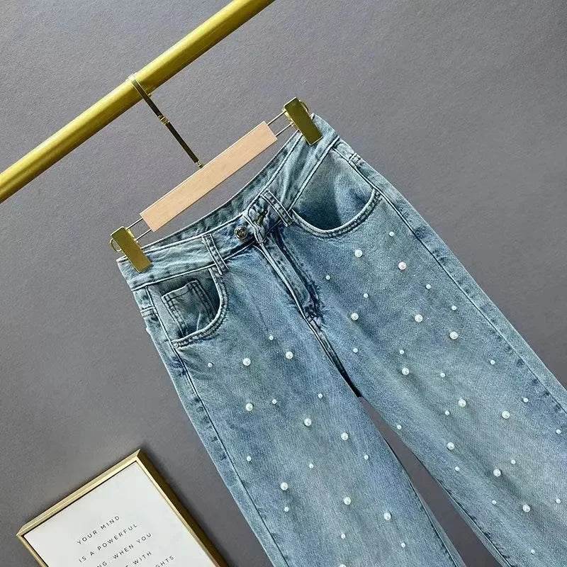 Denim Pants Fashion Beaded Jeans Wide-Leg Pants Female Tide 2025 New Spring And Summer High Waist Loose Mop Pants - AIAZ