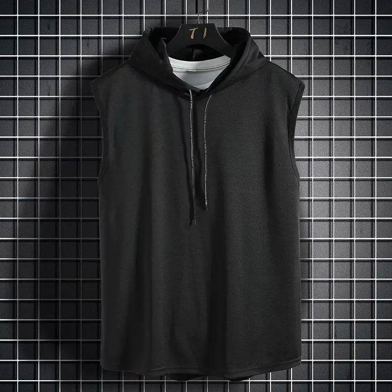 Men Tie Collar Hooded Sleeveless Vests Male Summer Loose Solid Hip Hop Tee Shirt Tops - AIAZ