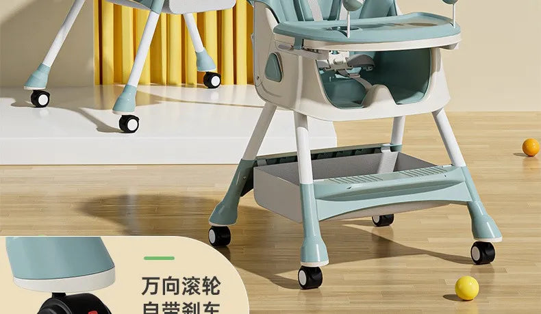 Portable Kids Dining Chair,Reinforced Steel Frame Non-Slip Base,Foldable with Wheels Adjustable Tray,Multi-Use Highchair