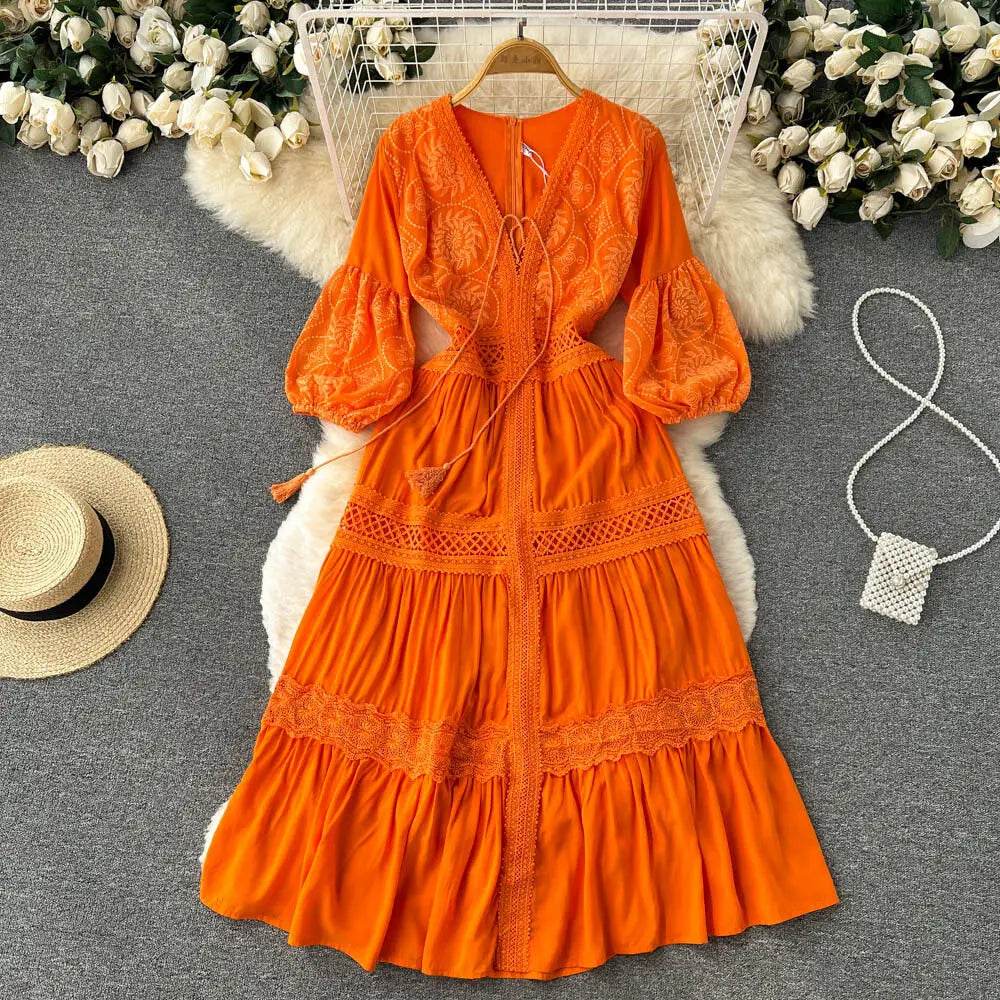 New Women Lantern Sleeved Elegant Dress Summer French Hollowed Out Mid Length Dresses Korean Style Vintage Long Dress - AIAZ