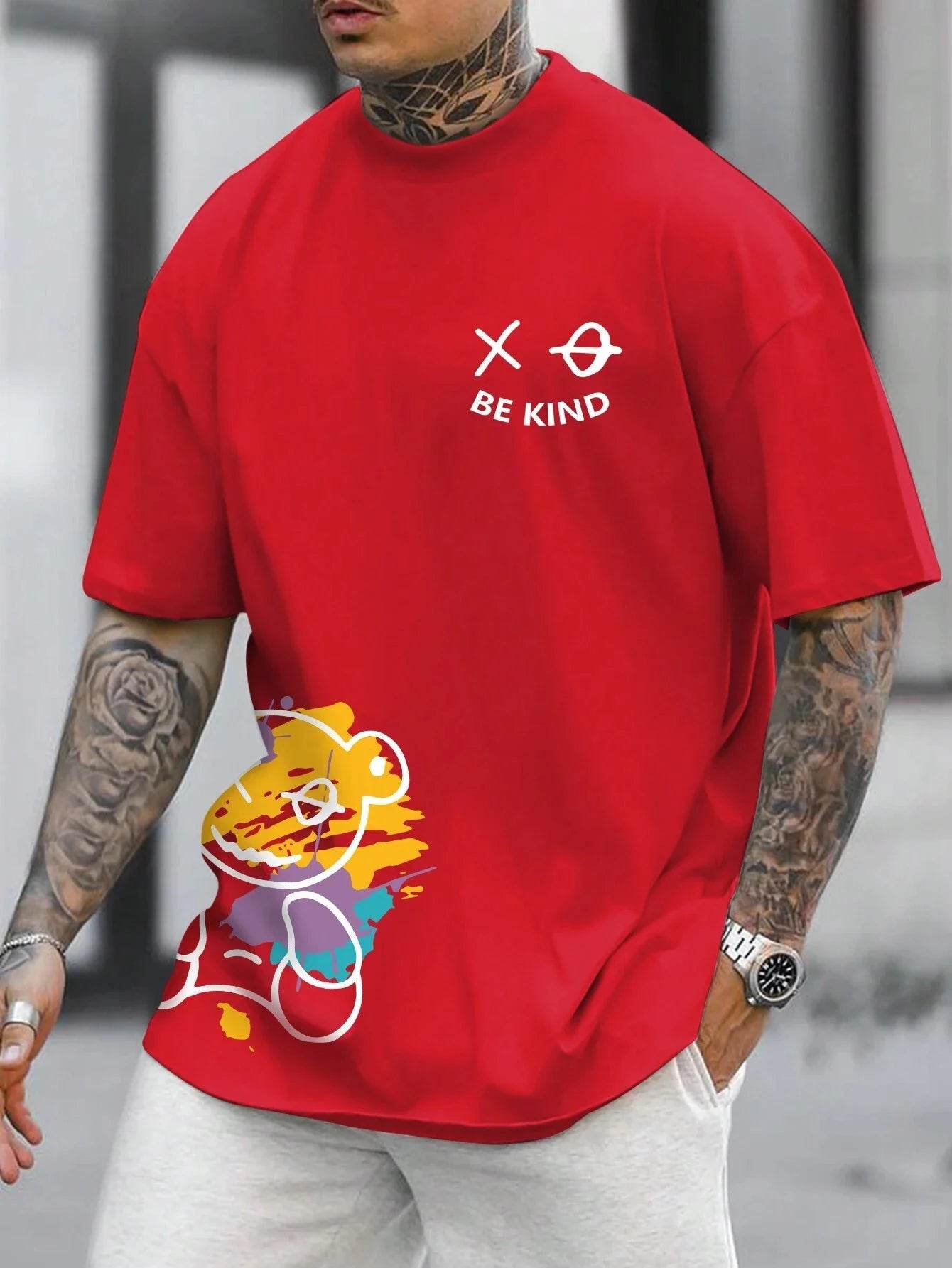 Men's 100% pure cotton summer loose size BE KIND letter cartoon print casual comfortable round neck short sleeved T-shirt top - AIAZ
