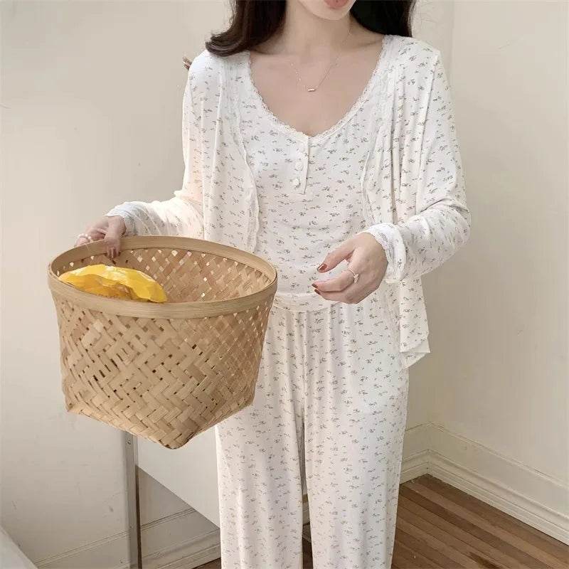 Three-Piece Pajama Set for Women Floral Lace Sweet Cardigan Camisole Homewear Long Sleeves Long Pants Fancy Underwear Ladies - AIAZ