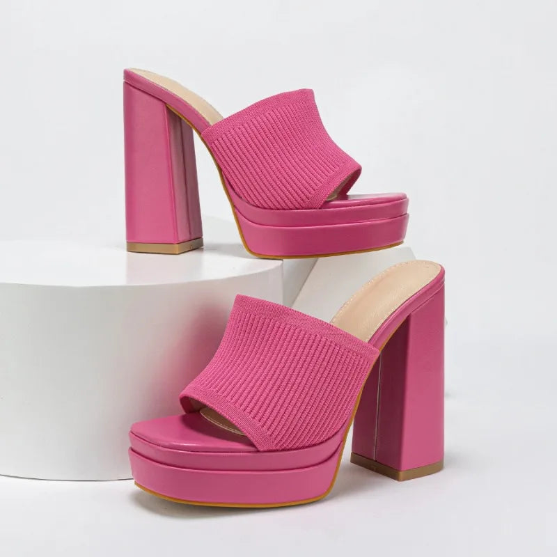 Summer Fashion Waterproof Platform Open Toe Knitted Comfortable Sexy Women High Heel Slippers Party Wedding Shoes