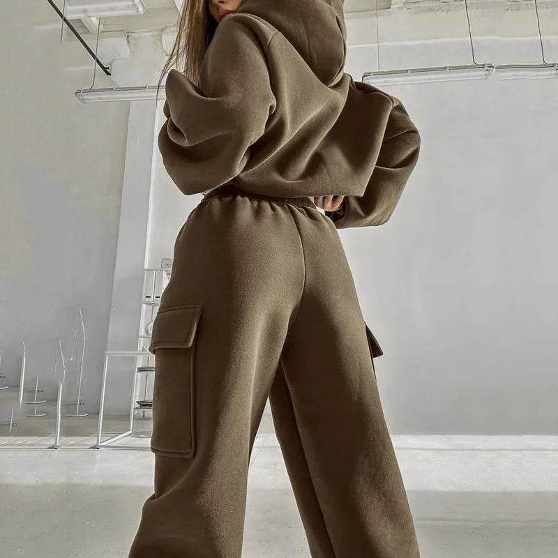 Hoodies Suit Winter Autumn Solid Casual Tracksuit Women Fleece 2 Pieces Set Sports Sweatshirts Pullover Jogger Sweatpants Outfit - AIAZ