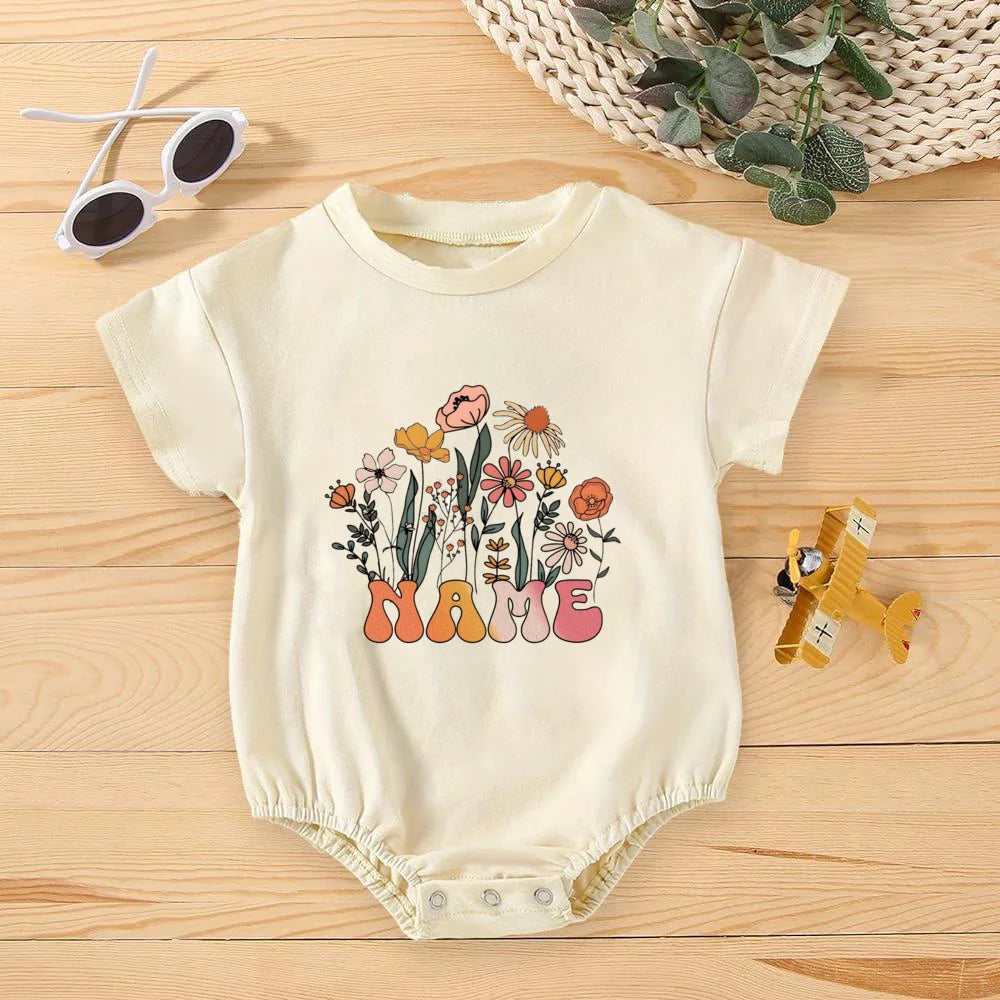 Personalised Flower with Name Bubble Romper Infant Summer Clothes Baby Oversized Bodysuit Retro Newborn Short Sleeve Jumpsuit