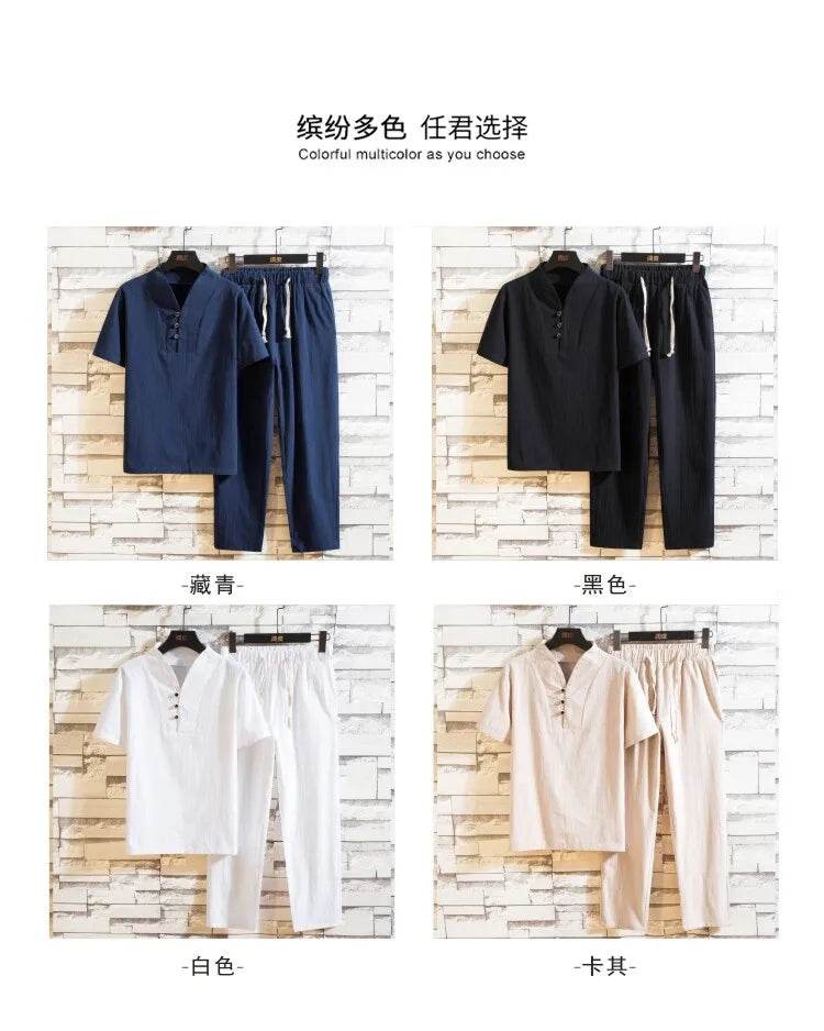 men's casual shirts (Shirt + trousers) 2025 summer men shirt Man Cotton and linen shirts Short sleeve men A set of clothes M-5XL - AIAZ