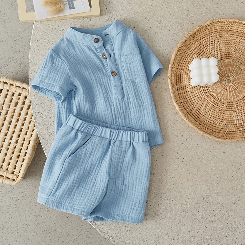 Suefunskry Toddler Boys Summer 2Pcs Casual Outfits Solid Color Short Sleeve Button Tops and Elastic Waist Shorts Sets 6M-4Y