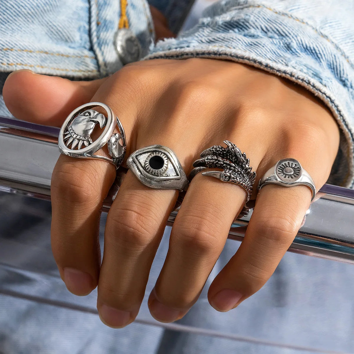 2024 New Tide Individuality Retro Geometric Hollowing Inlay Gem Rings SetLiquid State Metal Four-Piece Rings Set Paty Jewelry