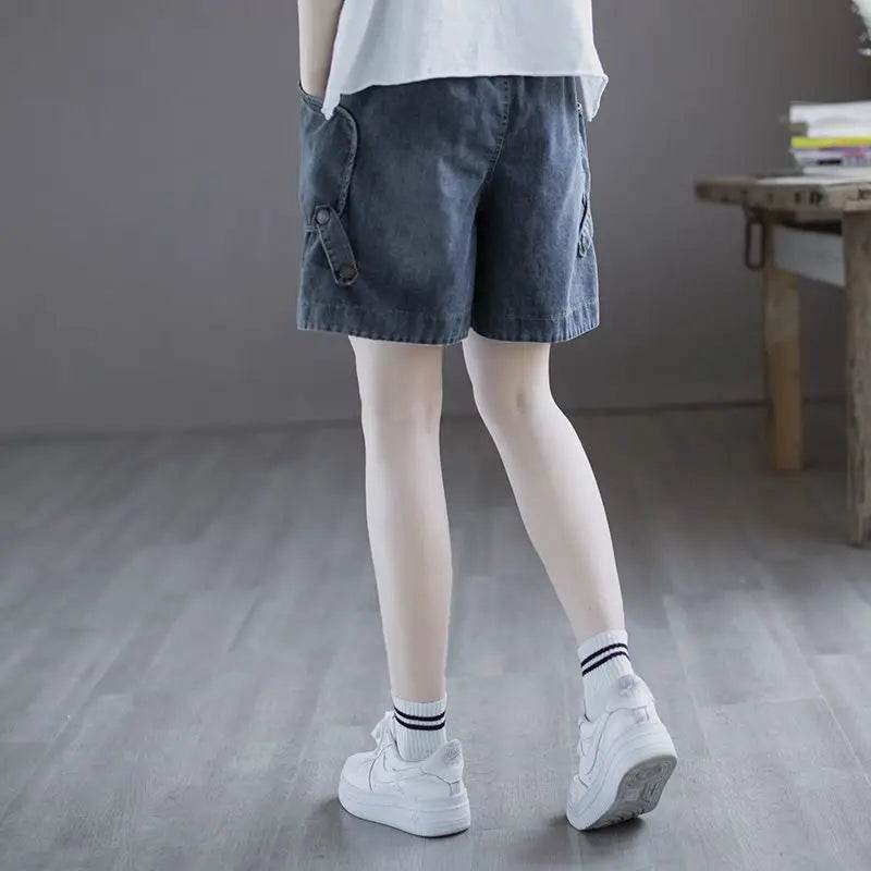 Summer Thin High-waisted Retro Denim Shorts for Women Loose Mid-pants New Wide-leg Large Pocket Five-point Pants - AIAZ