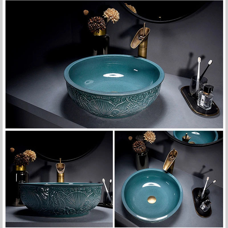 ZAPPO Round Vessel Sink with Faucet Drain JinDezhen Ceramic Vessel Sinks Oval Bathroom Sink Bowl Above Counter with Mixer Tap