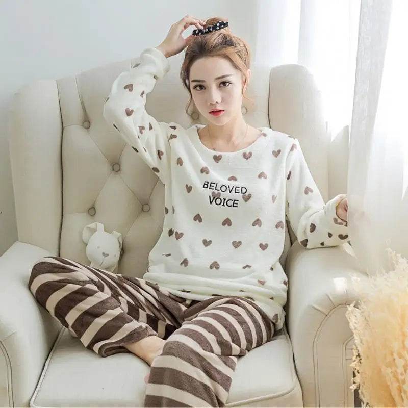 Women Pajamas Autumn Winter Flannel Warm Woman Sleepwear Korean cute Cartoon Pajama Set Fashion Pijama Mujer Home Cloth Pyjamas - AIAZ