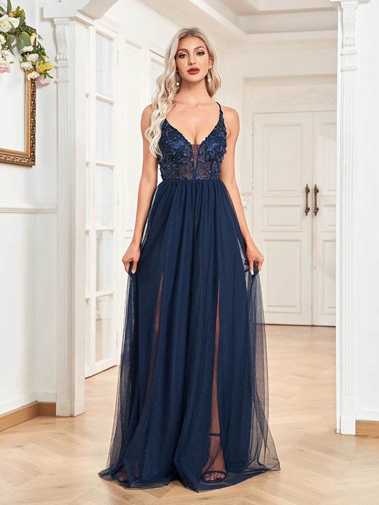 Lucyinlove Elegant Sexy Deep V-Neck Navy Tulle Evening Dresses Women Backless Party Maxi Long Prom Cocktail Gowns - AIAZ