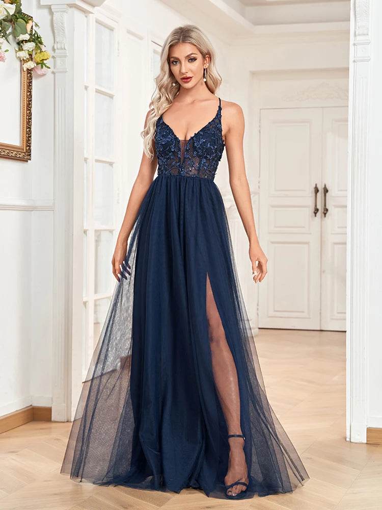 Lucyinlove Elegant Sexy Deep V-Neck Navy Tulle Evening Dresses Women Backless Party Maxi Long Prom Cocktail Gowns - AIAZ