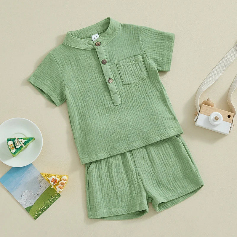 Suefunskry Toddler Boys Summer 2Pcs Casual Outfits Solid Color Short Sleeve Button Tops and Elastic Waist Shorts Sets 6M-4Y