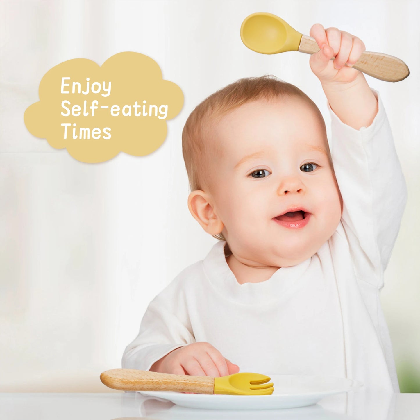 2pcs/set Tableware Baby Spoon Fork Set Children's Silicone Wooden Feeding Training Baby Dinnerware Cutlery Baby Feeding Supplies