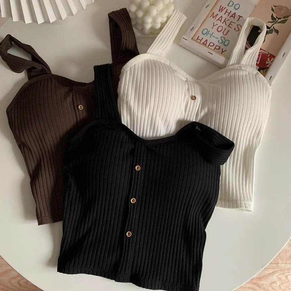 Women's Ribbed Tank Tops Y2K Cropped Tops with Bra Pads Knitted Button Down Suspenders Vest Sexy Camisole Female Short Tops - AIAZ