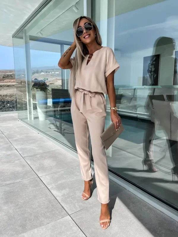 Jumpsuit Women 2023 Solid Color Short Sleeve V-neck Pocket Lace-up Pencil Long Pants Jumpsuits Summer Outfits Bodysuits - AIAZ