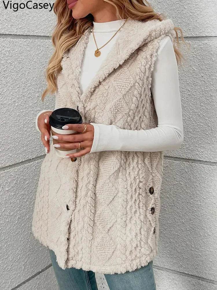 VigoCasey 2025 Casual Sleeveless Thick Vest Coat Woman Solid Hooded Warm Plush Waistcoat Lady Autumn Winter Apricot Vest Jacket - AIAZ