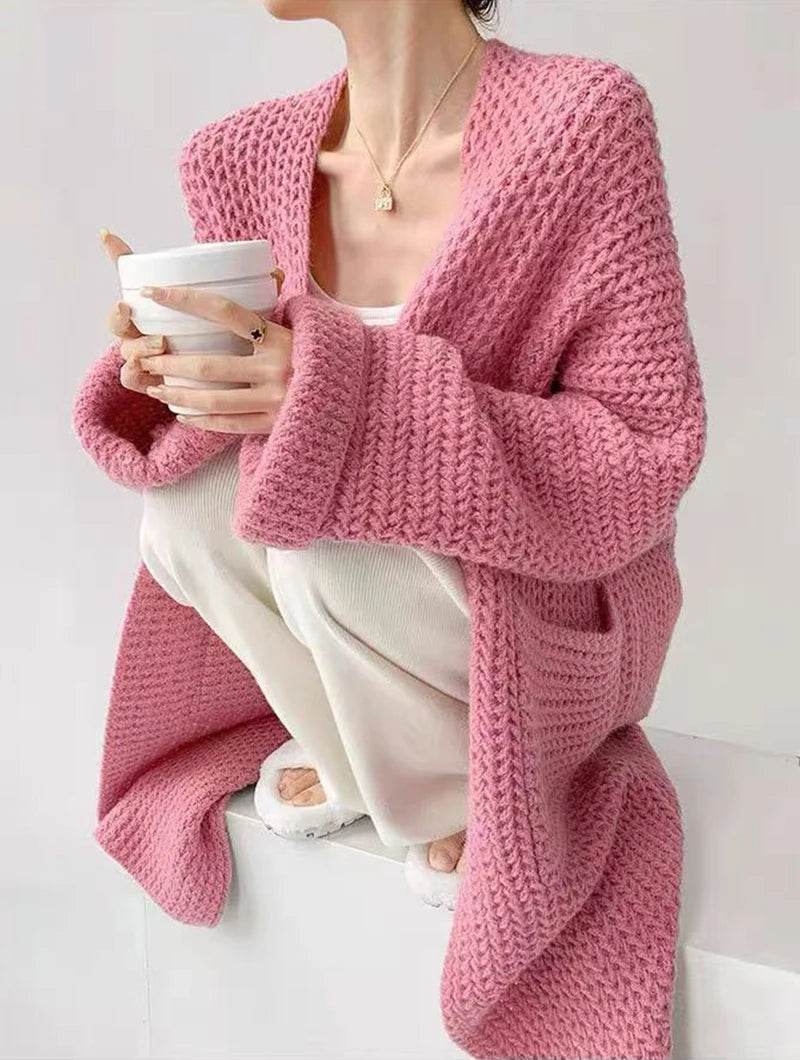 Korean Cardigan Sweater for Women Autumn Winter Loose Lazy Style Female Midi Knit Coats Fashion V Neck Casual Big Pocket Jumpers - AIAZ