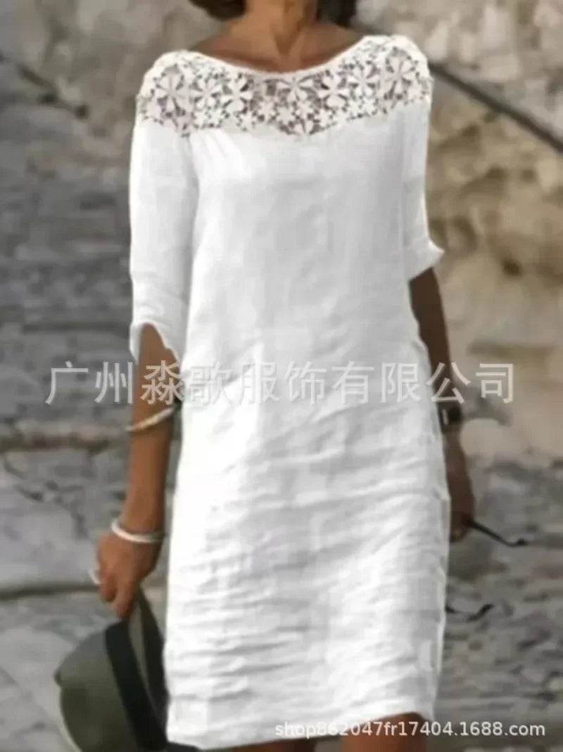 Womens Dress New Fashion Solid Color Cotton Lace Round Neck 5/4 Sleeve Dresses for Women - AIAZ