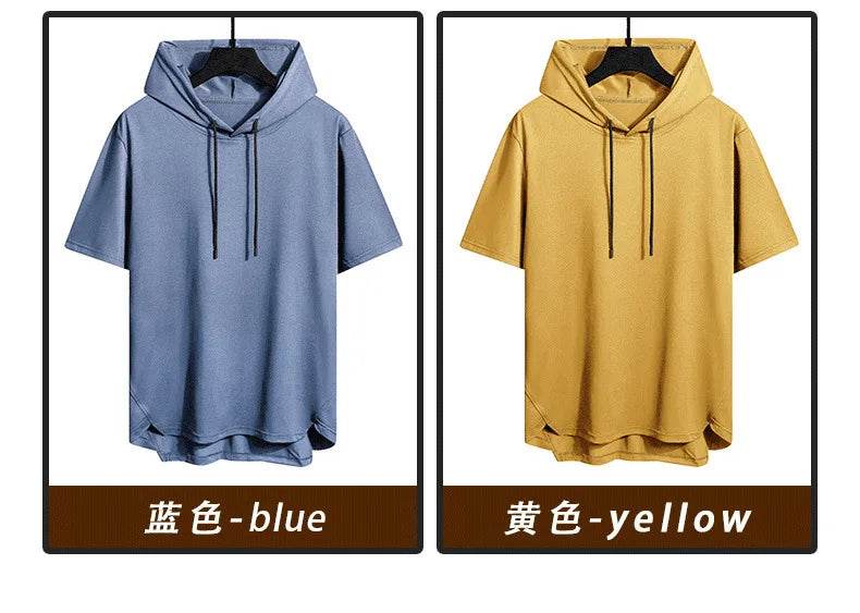 2025 Men's Summer Hoodies T-shirts Short Sleeve Solid Color Loose Hooded Drawstring Pullover Tops Basic Tees for Daily Wear Male - AIAZ