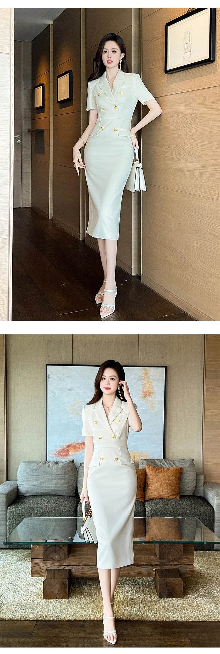 Elegant Office Lady Classic Business Formal Pencil Dress Women Clothes Blazer Commute Short Sleeve High Waist Slim Midi Vestidos - AIAZ