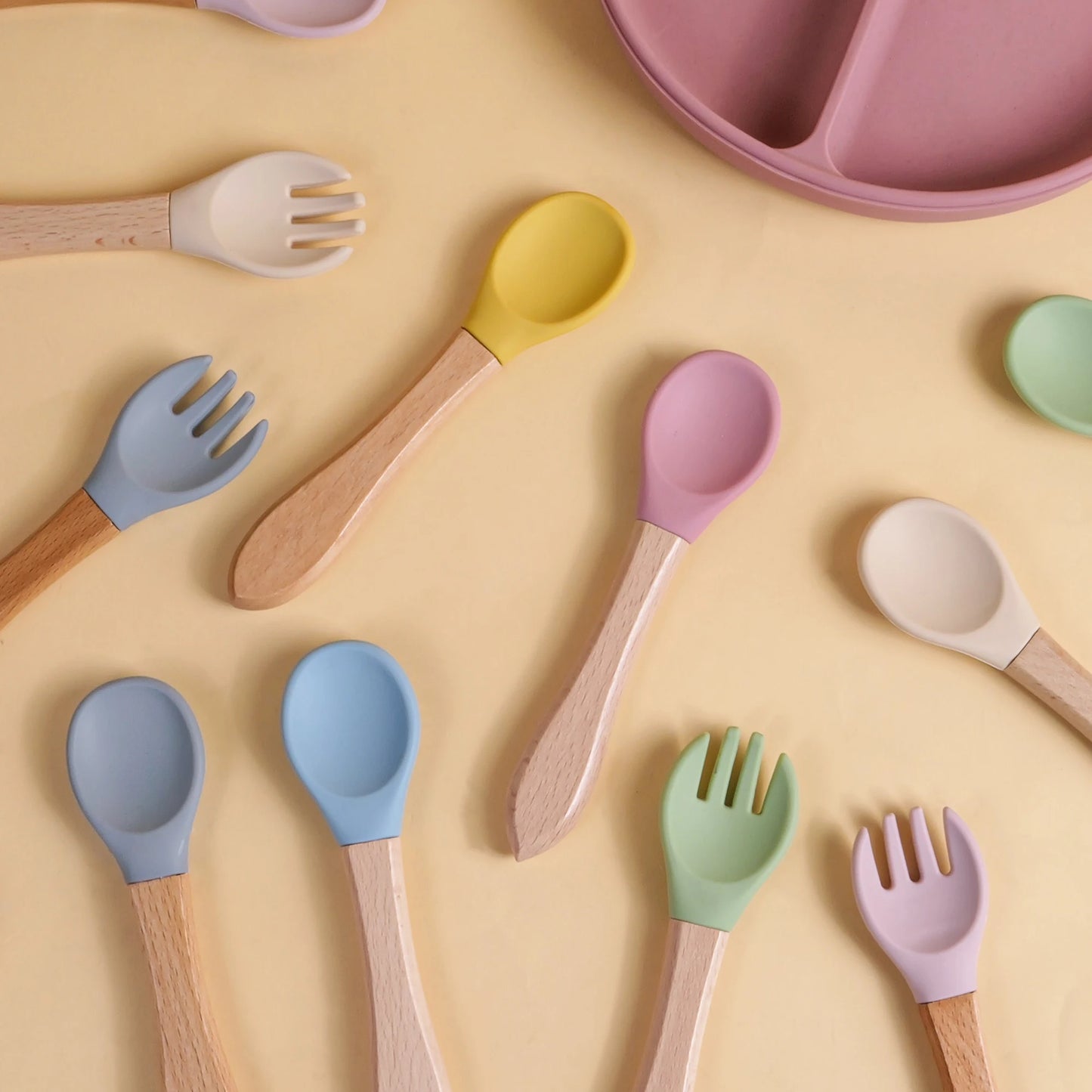 2pcs/set Tableware Baby Spoon Fork Set Children's Silicone Wooden Feeding Training Baby Dinnerware Cutlery Baby Feeding Supplies