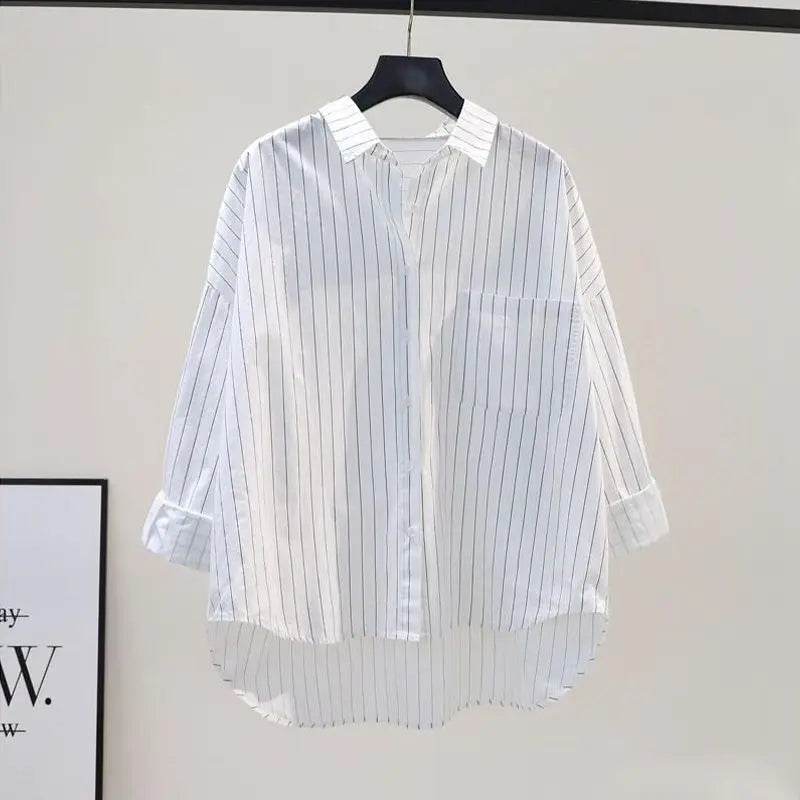 Women's Clothing 2023 Striped Simplicity Fashion Casual Spring Summer Thin Pockets Turn-down Collar Button Loose Formal Blouses - AIAZ