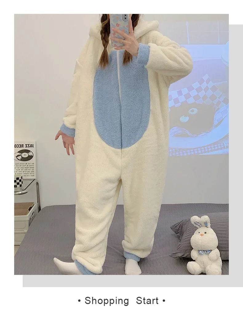 Winter Adult Kigurumis Women Pijama Onesie Jumpsuits Cartoon Sleepwear Pyjama Thicken Hoodie Korean Girls Leisure Wear Pajamas - AIAZ
