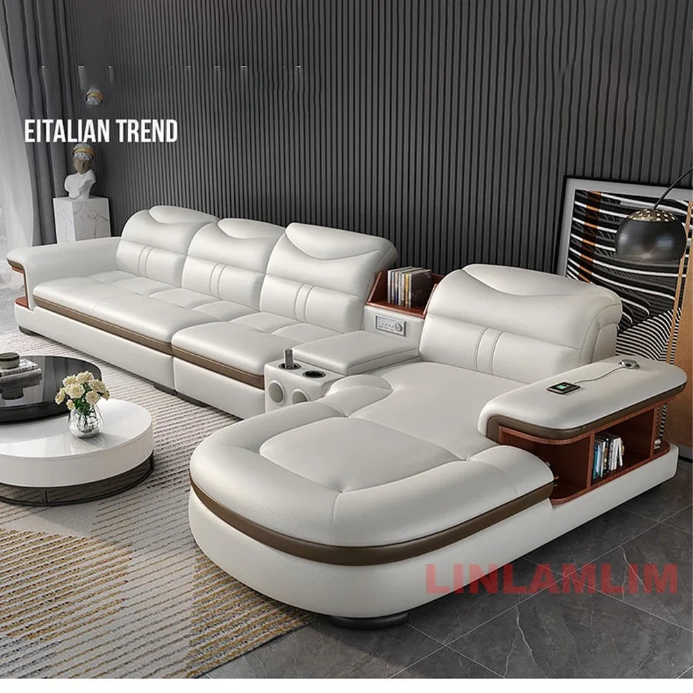 Modern L-Shaped Sectional Sofa with Chaise, Luxury Italian Genuine Leather Couch with adjustable headrest, Storage, USB, Console