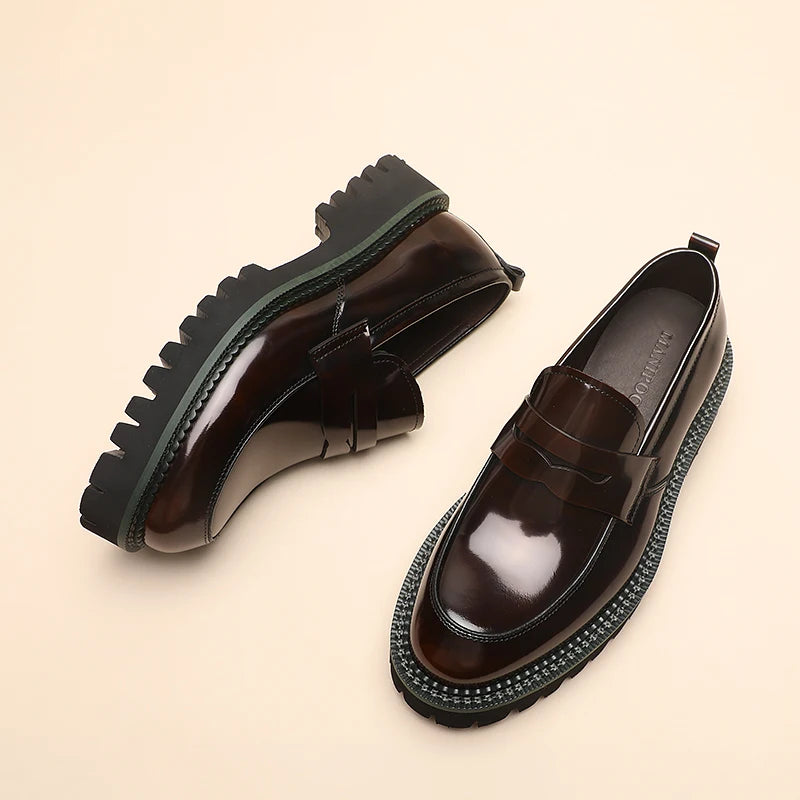 Spring and Autumn New Men's Business Casual Shoes, Genuine Leather Thick Soled Round Toe Loafers