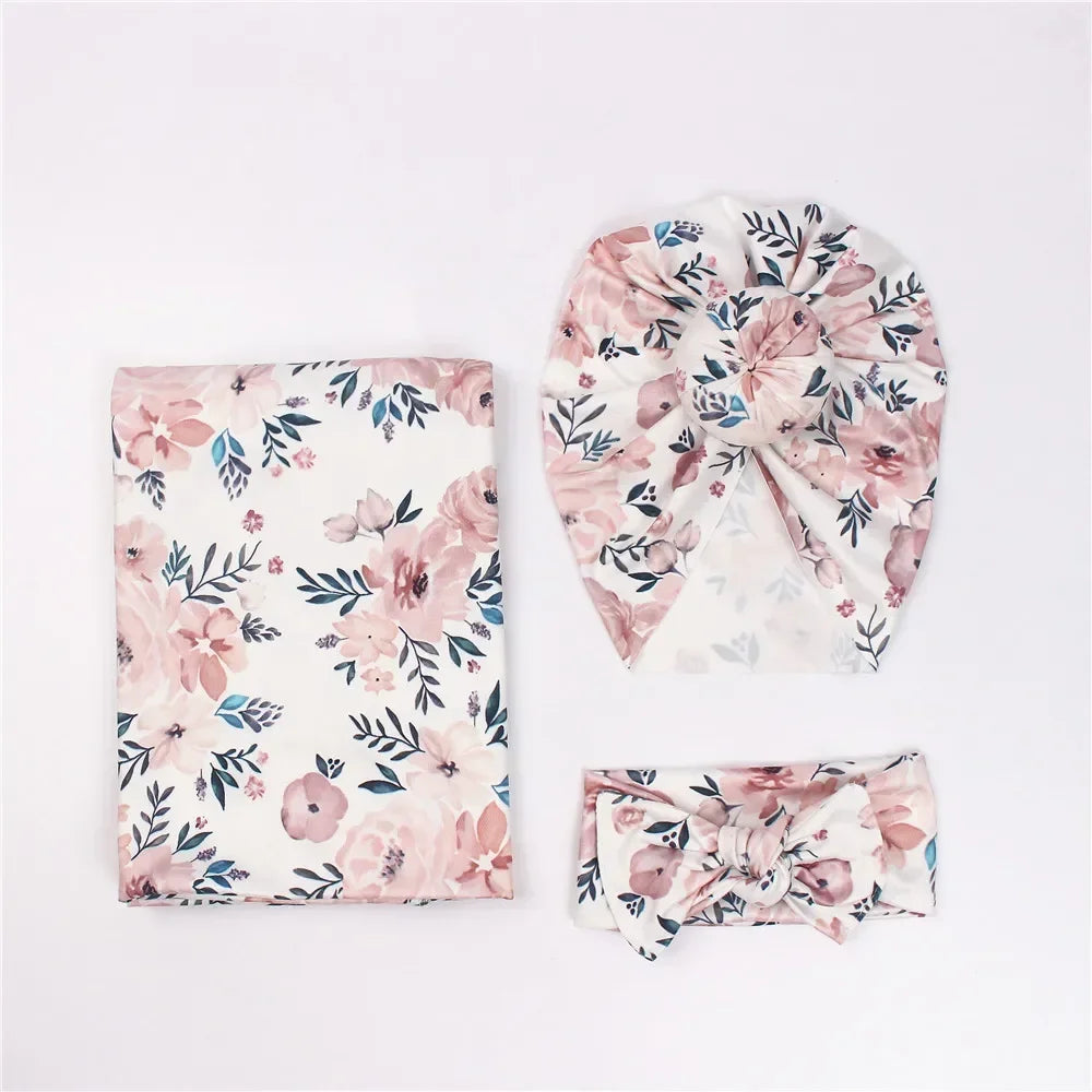 3pc/set Baby Swaddle Wrap New Born Receiving Blanket for Newborn Babies Accessories Soft Floral Headband Hat Bedding Baby Items